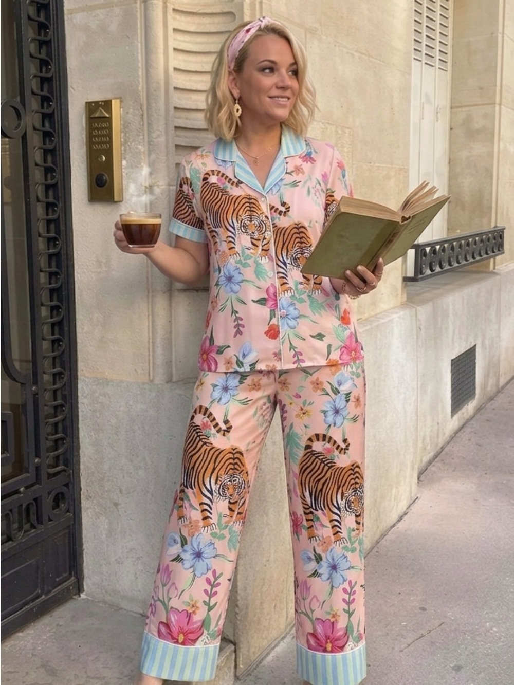 Women's Floral Tiger Print Pajama Set Turquoise accents